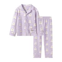 英氏服饰5折儿童睡衣女童套装纯棉春秋长袖开衫中大童女孩家居服套装 紫色 120