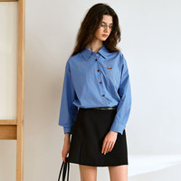 Olrain欧芮儿2025女秋季复古通勤蓝色条纹衬衣翻领长袖衬衫 蓝色 M