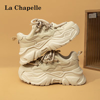 拉夏贝尔(La Chapelle)女鞋老爹鞋女百搭厚底休闲鞋低帮系带软底运动跑步鞋子女 杏色-002 35
