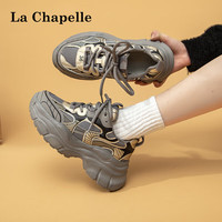 拉夏贝尔(La Chapelle)女鞋老爹鞋女百搭厚底休闲鞋低帮系带软底运动跑步鞋子女 灰色-7812 38