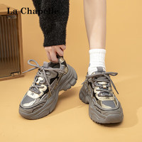 拉夏贝尔(La Chapelle)女鞋老爹鞋女百搭厚底休闲鞋低帮系带软底运动跑步鞋子女 灰色-7812 37