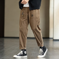 布衣传说【灯芯绒质感】搭扣腰带立体贴袋松紧腰针织九分小锥裤男式休闲裤 卡其 XL