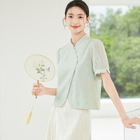 欧莎(OSA)国风暗纹压花气质雪纺衬衫女夏季2025宽松设计感短款衬衣 浅绿色 XL