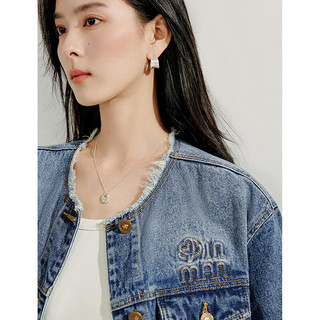 茵曼（INMAN）复古洗水毛边刺绣圆领牛仔外套2025秋季女装100%棉上衣 牛仔蓝 M