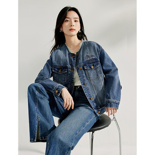 茵曼（INMAN）复古洗水毛边刺绣圆领牛仔外套2025秋季女装100%棉上衣 牛仔蓝 M