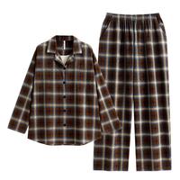 悦内睡衣女士春秋季秋款秋天纯棉长袖大码家居服休闲时尚开衫格子套装 22547格子棕 XL (170) 【体重120-140斤】