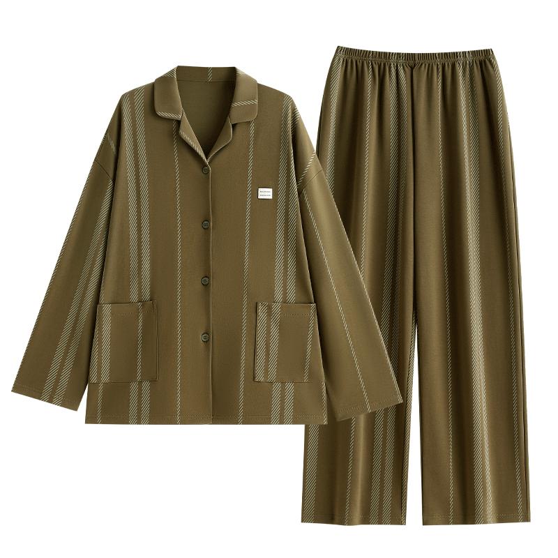 悦内睡衣女士春秋款秋季纯棉长袖家居服秋天秋冬休闲时尚开衫宽松大码 22603焦茶绿 XL (170) 【体重120-140斤】