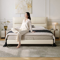 顾家家居现代简约牛皮软床高脚/储物卧室大床双人床皮艺床8566 【玉脂白】高脚+M0085A 1.8*2米