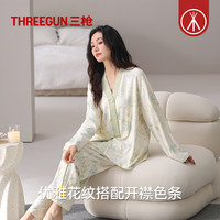 三枪(THREEGUN)秋季纯棉睡衣女士田园森女风花卉长袖开襟超柔软家居服 浅杏色 XL