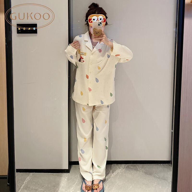 果壳（Gukoo）睡衣女25年春轰轰小狗系列卡通满印纯棉长袖女士家居服套装A 小雨滴女套装 S