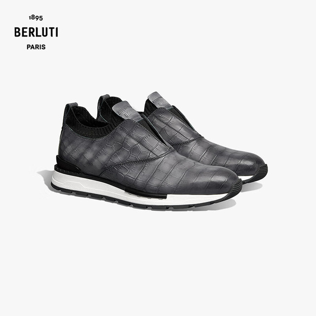 Berluti Fast Track鳄鱼皮和羊绒运动便鞋男士休闲鞋 铝黑色