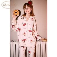 果壳(Gukoo)睡衣女秋季棉质卡通满印女士睡衣蝴蝶结家居服套装可外穿A 樱桃小狗套装 S