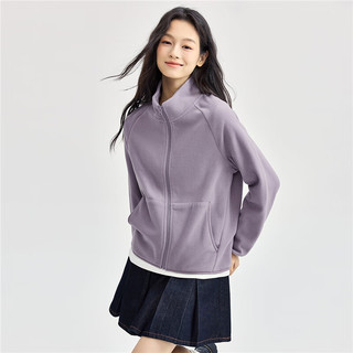 佐丹奴休闲外套女摇粒绒纯色袋鼠兜立领插肩抓绒衣女13374810 76灰脊紫 XL