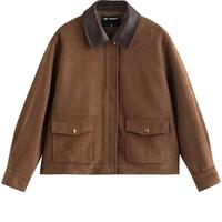 初语外套女2025秋季麂皮绒拼接皮领复古巴恩风丝光棕宽松夹克 丝光棕 M