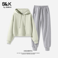 班尼路S&K系列秋冬女装休闲连帽卫衣搭配时尚简约风收脚裤运动套装 灰绿#纯色+灰#纯色 XL