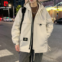 皮尔卡丹春秋季连帽宽松版冲锋衣防风防水男士工装潮流夹克外套 浅卡其 2XL 【体重170-190斤】