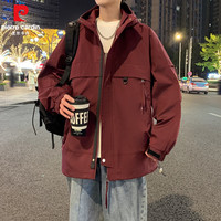 皮尔卡丹春秋季连帽宽松版冲锋衣防风防水男士工装潮流夹克外套 莎酱红 3XL 【体重190-210斤】