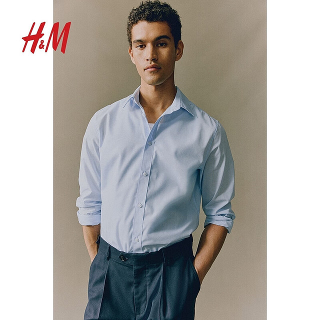 H&M 男装衬衫夏季商务职业易熨烫修身通勤正装长袖衬衣上衣0976709