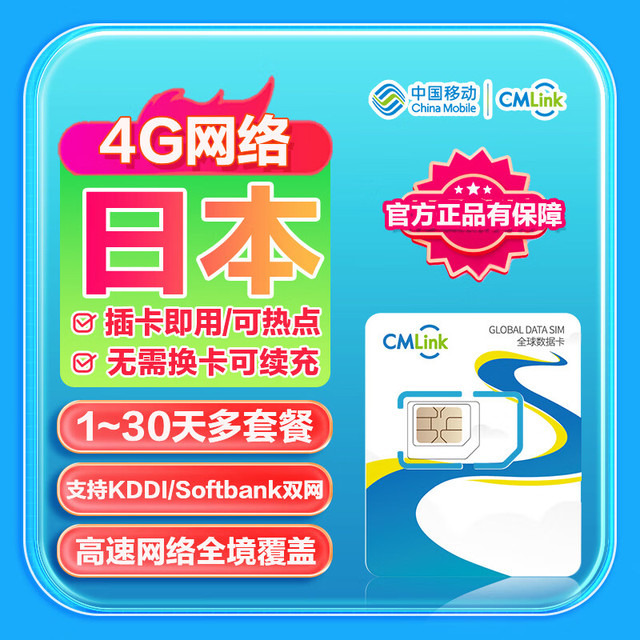日本流量卡中国移动CMLink旅游sim卡高速流量上网卡 8天