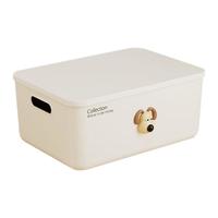 稻草熊加厚收纳盒家用桌面化妆品杂物收纳筐玩具零食整理储物盒收纳箱子 【3个装】高款中号-带盖 奶油白-赠小狗贴