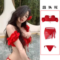 小野七天欧美风ins性感分体泳衣女2025辣妹纯欲温泉度假比基尼三件套 红色泳衣三件套+【头花】 均码 （70-120斤）