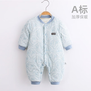 婧麒 婴儿连体衣新生儿衣服秋冬保暖夹棉哈衣满月宝宝内衣纯棉连体衣 大树蓝