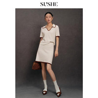 束皙 susee 纯棉镂空绞花肌理 撞色翻领短袖半身裙针织