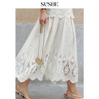 束皙 susee 雀尾雕孔绣法式宽松V领衬衫上衣半裙套装女 素绢白-半身裙