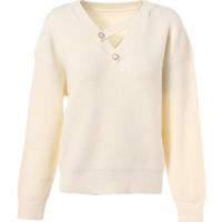 百图betu女装冬季毛衣V领不对称镂空柔软舒适毛衣女2410T43 杏色 XS