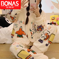 宝娜斯（BONAS）法兰绒绒睡衣两件套女士秋冬季加厚加绒保暖可爱毛绒宽松家居 小星-套装 L 码(90-120斤)