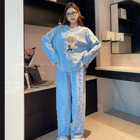 宝娜斯（BONAS）家居服套装秋冬款珊瑚绒宽松束脚松紧腰懒人睡裤家居睡衣 蓝色-兔兔 均码 （90-160斤）
