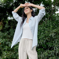 伊芙丽（eifini）伊芙丽大版松弛感含麻衬衫女2025夏装百搭通勤基础肌理感上衣 蓝色  M 110-120斤