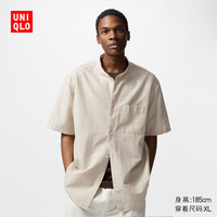 优衣库男装女装棉麻条纹立领衬衫/短袖衬衣开衫休闲25474529 31 米色 M /170/92A