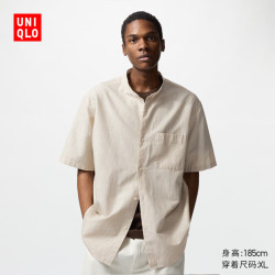 优衣库 男装女装棉麻条纹立领衬衫/短袖衬衣开衫休闲25474529 31 米色 M /170/92A