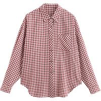 初语棉感格纹长袖衬衫女2025复古衬衣翻领上衣薄款外套 红格  S 