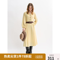 独束大码女装撞色线宽松V领连衣裙2025秋装通勤穿搭长袖裙子 黄色 2XL (尺码:4)