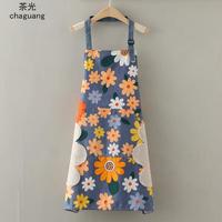 茶光(CHAGUANG)纯棉帆布透气防水女时尚围裙厨房家用做饭小清新围腰上班工作服 擦手防水挂脖调节向日葵 蓝底
