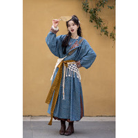 池夏【中国符号:碧城】唐制人棉圆领袍亚麻灯笼裤原创改良汉服 秋 碧城三件套(含腰带) S 第三批