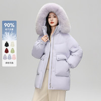 雪中飞秋冬女士时尚休闲简约防风狐狸毛领立领大口袋设计短款羽绒服 蓝色 M 165/88A