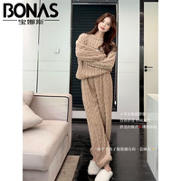 宝娜斯（BONAS）卡通珊瑚绒长裤秋冬宽松紧腰懒人睡裤家居睡衣套装 咖啡色-小狗提花 均码 （90-150斤）