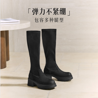 百丽（Belle）神靴复古骑士靴女25冬季新商场款粗跟增高显瘦弹力靴E5G1DDG5 黑色 37