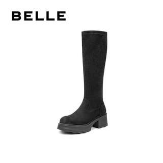 百丽（Belle）神靴复古骑士靴女25冬季新商场款粗跟增高显瘦弹力靴E5G1DDG5 黑色 37