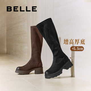 百丽（Belle）神靴复古骑士靴女25冬季新商场款粗跟增高显瘦弹力靴E5G1DDG5 黑色 37