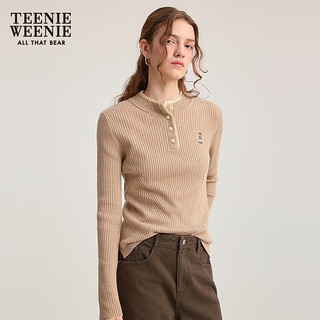 Teenie Weenie小熊女装毛针织衫2025秋休闲撞色亨利领套头毛衣 卡其色 S