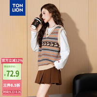 唐狮(TonLion)2024女V领提花背心毛线衫