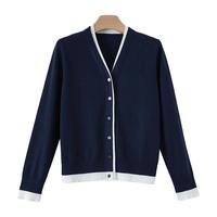 晚白2025秋款含羊毛V领优雅假两件上衣时尚慵懒针织开衫女 深蓝色 L