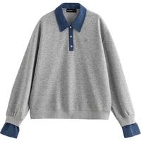 初语卫衣女2025秋季棉质时尚拼接假两件宽松上衣 花灰色   S   