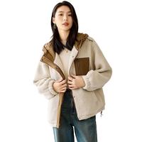 初申秋冬休闲外套女撞色连帽拉链设计感宽松摇粒绒厚款外套S144U4001 米色 M