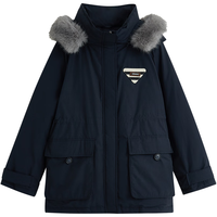 茵曼三防可拆毛领连帽羽绒服2025冬女装派克服外套 宝蓝色 XL