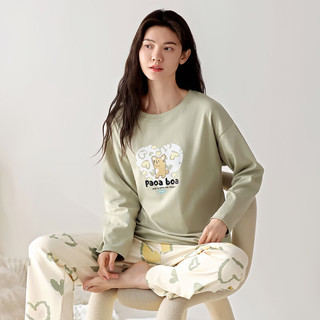 芬腾芬腾女士春秋季纯棉长袖睡衣甜美休闲大码全棉家居服套装 FX25931471绿色 L :100-120斤